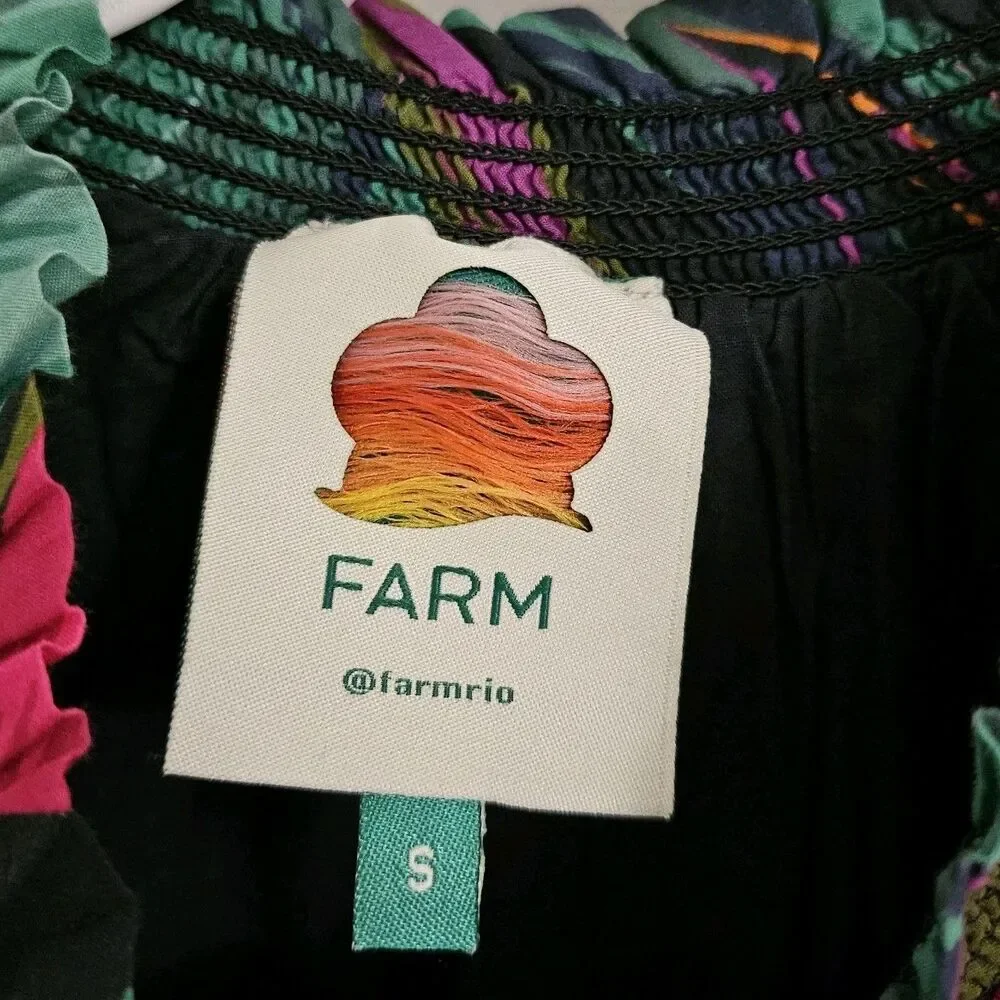 Farm Rio Midnight Leaves Mini‎ Dress Small Floral Print Smocked Short Sleeve